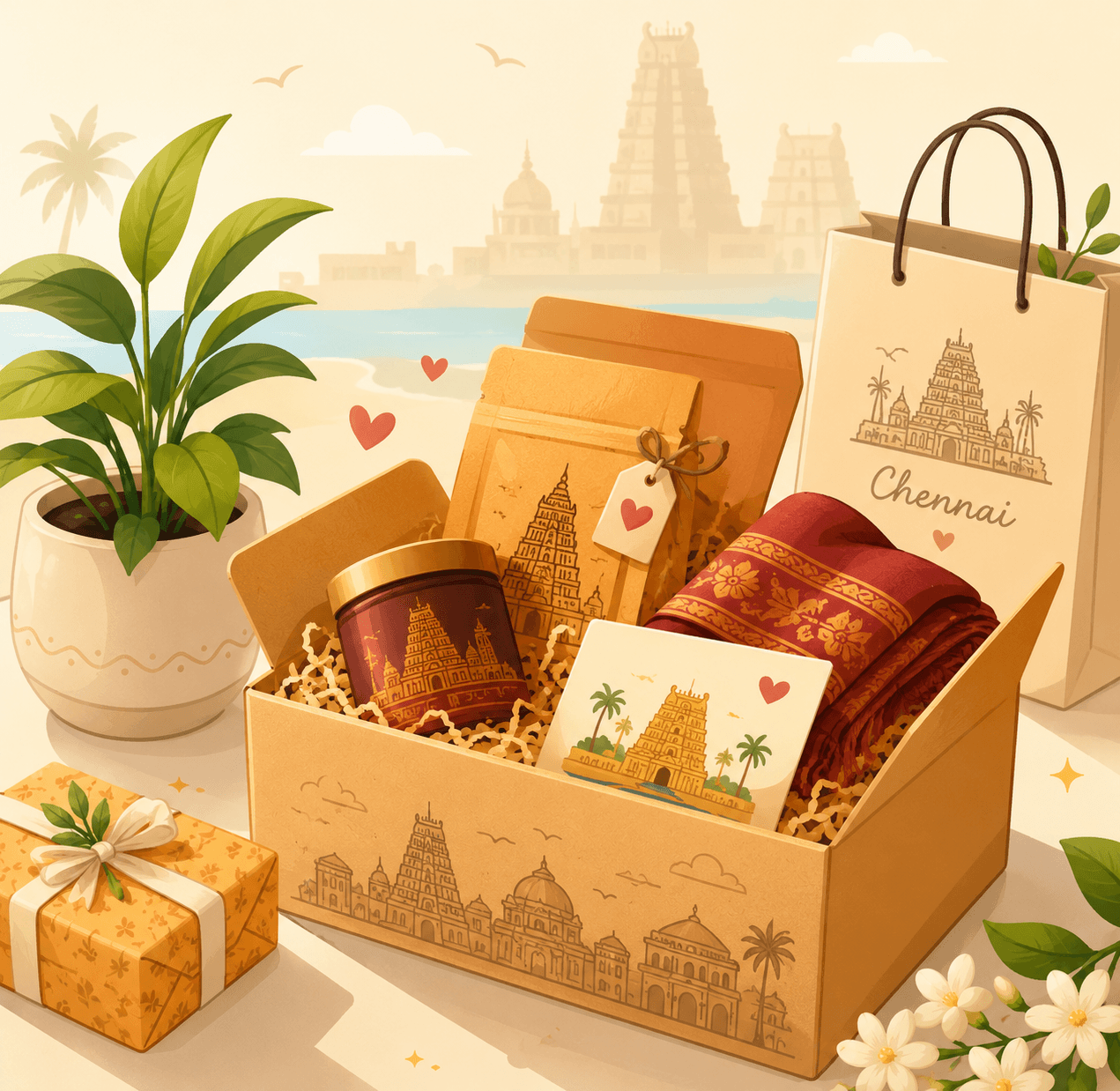 A curated Chennai gift hamper with a silk saree, temple-themed treats, and a Chennai gift bag